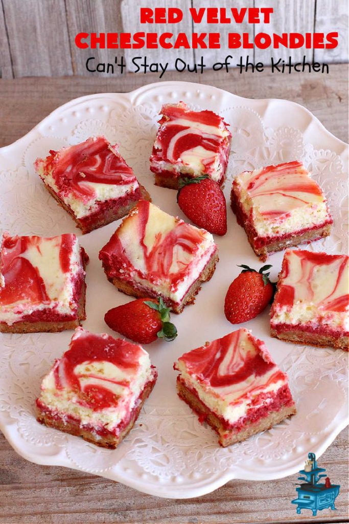 Red Velvet Cheesecake Blondies | Can't Stay Out of the Kitchen | these #RedVelvet #Brownies are so irresistible. The #Cheesecake layer is so mouthwatering. The combination of flavors is rich, decadent & heavenly. Terrific #dessert for #ValentinesDay, #MothersDay, birthdays, special occasions or #potlucks. #RedVelvetCheesecaakeBrownies #RedVelvetCheesecakeBlondies #holiday #RedVelvetDessert #HolidayDessert #ChocolateDessert