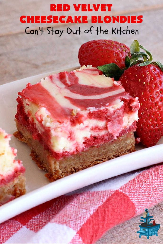 Red Velvet Cheesecake Blondies | Can't Stay Out of the Kitchen | these #RedVelvet #Brownies are so irresistible. The #Cheesecake layer is so mouthwatering. The combination of flavors is rich, decadent & heavenly. Terrific #dessert for #ValentinesDay, #MothersDay, birthdays, special occasions or #potlucks. #RedVelvetCheesecaakeBrownies #RedVelvetCheesecakeBlondies #holiday #RedVelvetDessert #HolidayDessert #ChocolateDessert