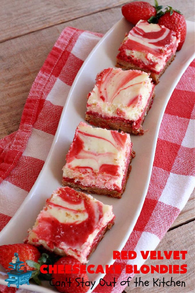 Red Velvet Cheesecake Blondies | Can't Stay Out of the Kitchen | these #RedVelvet #Brownies are so irresistible. The #Cheesecake layer is so mouthwatering. The combination of flavors is rich, decadent & heavenly. Terrific #dessert for #ValentinesDay, #MothersDay, birthdays, special occasions or #potlucks. #RedVelvetCheesecaakeBrownies #RedVelvetCheesecakeBlondies #holiday #RedVelvetDessert #HolidayDessert #ChocolateDessert