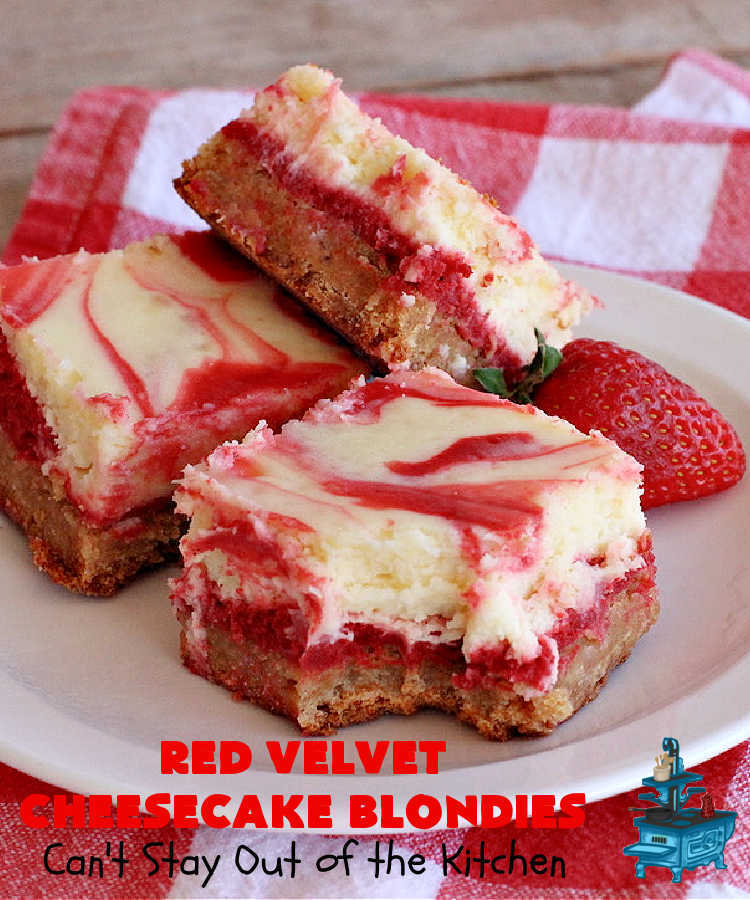 Red Velvet Cheesecake Blondies | Can't Stay Out of the Kitchen | these #RedVelvet #Brownies are so irresistible. The #Cheesecake layer is so mouthwatering. The combination of flavors is rich, decadent & heavenly. Terrific #dessert for #ValentinesDay, #MothersDay, birthdays, special occasions or #potlucks. #RedVelvetCheesecaakeBrownies #RedVelvetCheesecakeBlondies #holiday #RedVelvetDessert #HolidayDessert #ChocolateDessert