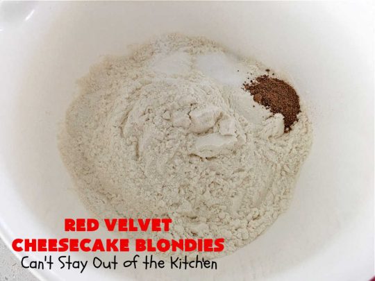 Red Velvet Cheesecake Blondies | Can't Stay Out of the Kitchen | these #RedVelvet #Brownies are so irresistible. The #Cheesecake layer is so mouthwatering. The combination of flavors is rich, decadent & heavenly. Terrific #dessert for #ValentinesDay, #MothersDay, birthdays, special occasions or #potlucks. #RedVelvetCheesecaakeBrownies #RedVelvetCheesecakeBlondies #holiday #RedVelvetDessert #HolidayDessert #ChocolateDessert