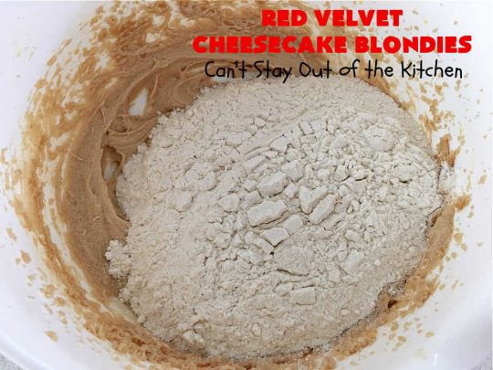 Red Velvet Cheesecake Blondies | Can't Stay Out of the Kitchen | these #RedVelvet #Brownies are so irresistible. The #Cheesecake layer is so mouthwatering. The combination of flavors is rich, decadent & heavenly. Terrific #dessert for #ValentinesDay, #MothersDay, birthdays, special occasions or #potlucks. #RedVelvetCheesecaakeBrownies #RedVelvetCheesecakeBlondies #holiday #RedVelvetDessert #HolidayDessert #ChocolateDessert 