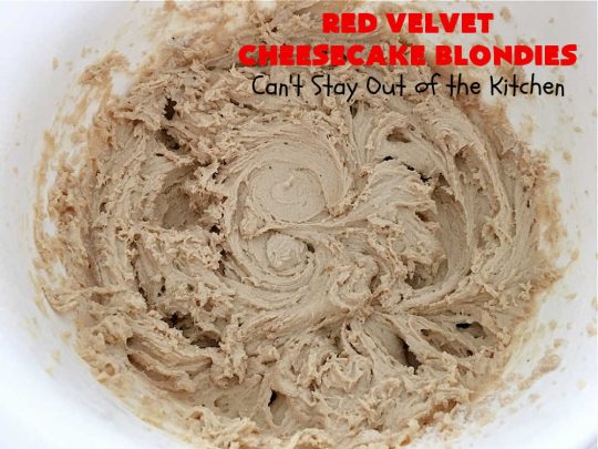 Red Velvet Cheesecake Blondies | Can't Stay Out of the Kitchen | these #RedVelvet #Brownies are so irresistible. The #Cheesecake layer is so mouthwatering. The combination of flavors is rich, decadent & heavenly. Terrific #dessert for #ValentinesDay, #MothersDay, birthdays, special occasions or #potlucks. #RedVelvetCheesecaakeBrownies #RedVelvetCheesecakeBlondies #holiday #RedVelvetDessert #HolidayDessert #ChocolateDessert
