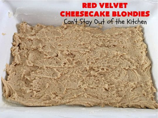 Red Velvet Cheesecake Blondies | Can't Stay Out of the Kitchen | these #RedVelvet #Brownies are so irresistible. The #Cheesecake layer is so mouthwatering. The combination of flavors is rich, decadent & heavenly. Terrific #dessert for #ValentinesDay, #MothersDay, birthdays, special occasions or #potlucks. #RedVelvetCheesecaakeBrownies #RedVelvetCheesecakeBlondies #holiday #RedVelvetDessert #HolidayDessert #ChocolateDessert