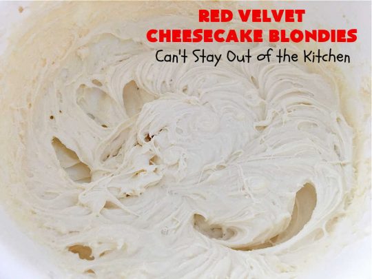 Red Velvet Cheesecake Blondies | Can't Stay Out of the Kitchen | these #RedVelvet #Brownies are so irresistible. The #Cheesecake layer is so mouthwatering. The combination of flavors is rich, decadent & heavenly. Terrific #dessert for #ValentinesDay, #MothersDay, birthdays, special occasions or #potlucks. #RedVelvetCheesecaakeBrownies #RedVelvetCheesecakeBlondies #holiday #RedVelvetDessert #HolidayDessert #ChocolateDessert