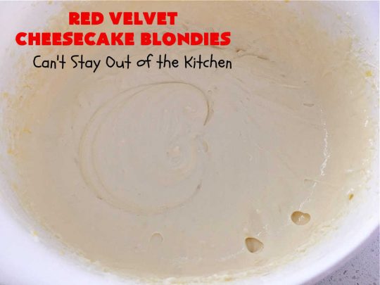 Red Velvet Cheesecake Blondies | Can't Stay Out of the Kitchen | these #RedVelvet #Brownies are so irresistible. The #Cheesecake layer is so mouthwatering. The combination of flavors is rich, decadent & heavenly. Terrific #dessert for #ValentinesDay, #MothersDay, birthdays, special occasions or #potlucks. #RedVelvetCheesecaakeBrownies #RedVelvetCheesecakeBlondies #holiday #RedVelvetDessert #HolidayDessert #ChocolateDessert