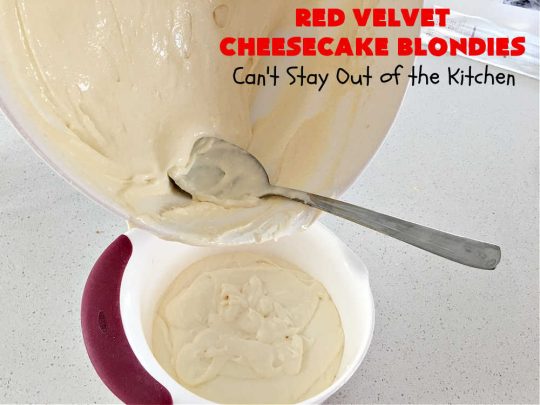 Red Velvet Cheesecake Blondies | Can't Stay Out of the Kitchen | these #RedVelvet #Brownies are so irresistible. The #Cheesecake layer is so mouthwatering. The combination of flavors is rich, decadent & heavenly. Terrific #dessert for #ValentinesDay, #MothersDay, birthdays, special occasions or #potlucks. #RedVelvetCheesecaakeBrownies #RedVelvetCheesecakeBlondies #holiday #RedVelvetDessert #HolidayDessert #ChocolateDessert