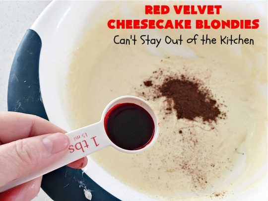 Red Velvet Cheesecake Blondies | Can't Stay Out of the Kitchen | these #RedVelvet #Brownies are so irresistible. The #Cheesecake layer is so mouthwatering. The combination of flavors is rich, decadent & heavenly. Terrific #dessert for #ValentinesDay, #MothersDay, birthdays, special occasions or #potlucks. #RedVelvetCheesecaakeBrownies #RedVelvetCheesecakeBlondies #holiday #RedVelvetDessert #HolidayDessert #ChocolateDessert