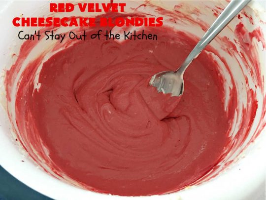 Red Velvet Cheesecake Blondies | Can't Stay Out of the Kitchen | these #RedVelvet #Brownies are so irresistible. The #Cheesecake layer is so mouthwatering. The combination of flavors is rich, decadent & heavenly. Terrific #dessert for #ValentinesDay, #MothersDay, birthdays, special occasions or #potlucks. #RedVelvetCheesecaakeBrownies #RedVelvetCheesecakeBlondies #holiday #RedVelvetDessert #HolidayDessert #ChocolateDessert