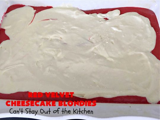 Red Velvet Cheesecake Blondies | Can't Stay Out of the Kitchen | these #RedVelvet #Brownies are so irresistible. The #Cheesecake layer is so mouthwatering. The combination of flavors is rich, decadent & heavenly. Terrific #dessert for #ValentinesDay, #MothersDay, birthdays, special occasions or #potlucks. #RedVelvetCheesecaakeBrownies #RedVelvetCheesecakeBlondies #holiday #RedVelvetDessert #HolidayDessert #ChocolateDessert