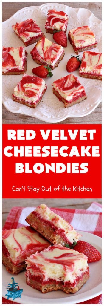 Red Velvet Cheesecake Blondies | Can't Stay Out of the Kitchen