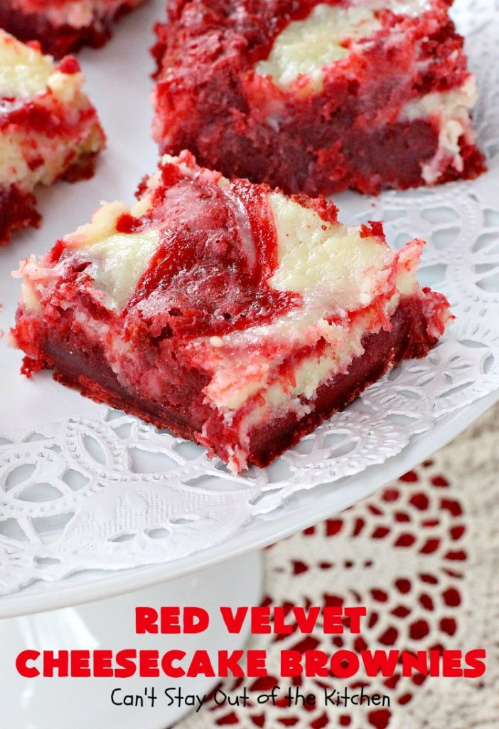 Red Velvet Cheesecake Brownies | Can't Stay Out of the Kitchen | these are the most awesome #redvelvet #brownies ever! They have a luscious #cheesecake layer swirled into the batter. Perfect #dessert for #holidays like #Christmas or #ValentinesDay.