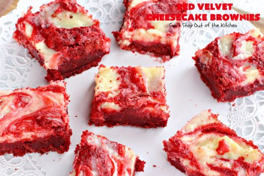 Red Velvet Cheesecake Brownies | Can't Stay Out of the Kitchen | these are the most awesome #redvelvet #brownies ever! They have a luscious #cheesecake layer swirled into the batter. Perfect #dessert for #holidays like #Christmas or #ValentinesDay.