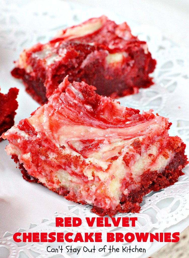 Red Velvet Cheesecake Brownies | Can't Stay Out of the Kitchen | these are the most awesome #redvelvet #brownies ever! They have a luscious #cheesecake layer swirled into the batter. Perfect #dessert for #holidays like #Christmas or #ValentinesDay.