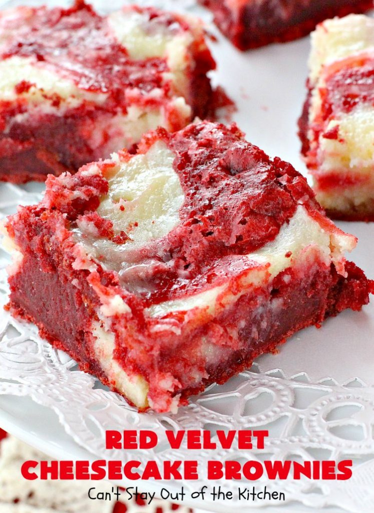 Red Velvet Cheesecake Brownies | Can't Stay Out of the Kitchen | these are the most awesome #redvelvet #brownies ever! They have a luscious #cheesecake layer swirled into the batter. Perfect #dessert for #holidays like #Christmas or #ValentinesDay.