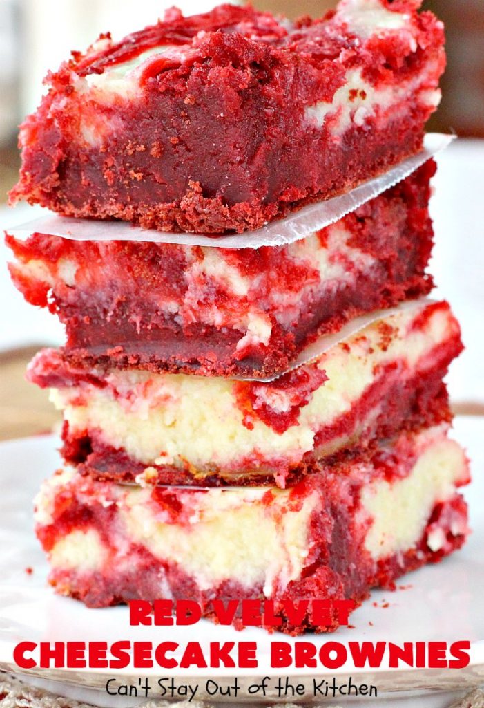 Red Velvet Cheesecake Brownies | Can't Stay Out of the Kitchen | these are the most awesome #redvelvet #brownies ever! They have a luscious #cheesecake layer swirled into the batter. Perfect #dessert for #holidays like #Christmas or #ValentinesDay.