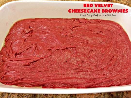 Red Velvet Cheesecake Brownies | Can't Stay Out of the Kitchen | these are the most awesome #redvelvet #brownies ever! They have a luscious #cheesecake layer swirled into the batter. Perfect #dessert for #holidays like #Christmas or #ValentinesDay.