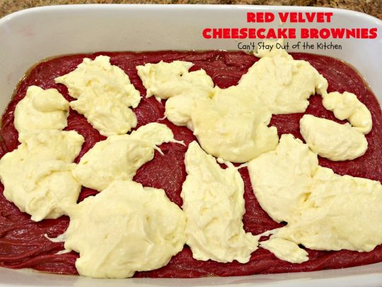 Red Velvet Cheesecake Brownies | Can't Stay Out of the Kitchen | these are the most awesome #redvelvet #brownies ever! They have a luscious #cheesecake layer swirled into the batter. Perfect #dessert for #holidays like #Christmas or #ValentinesDay.