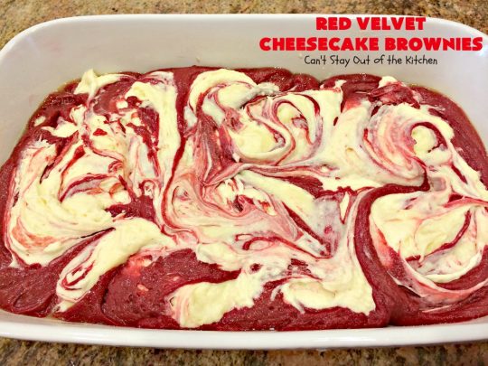 Red Velvet Cheesecake Brownies | Can't Stay Out of the Kitchen | these are the most awesome #redvelvet #brownies ever! They have a luscious #cheesecake layer swirled into the batter. Perfect #dessert for #holidays like #Christmas or #ValentinesDay.