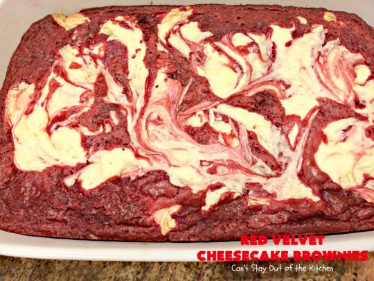 Red Velvet Cheesecake Brownies | Can't Stay Out of the Kitchen | these are the most awesome #redvelvet #brownies ever! They have a luscious #cheesecake layer swirled into the batter. Perfect #dessert for #holidays like #Christmas or #ValentinesDay.