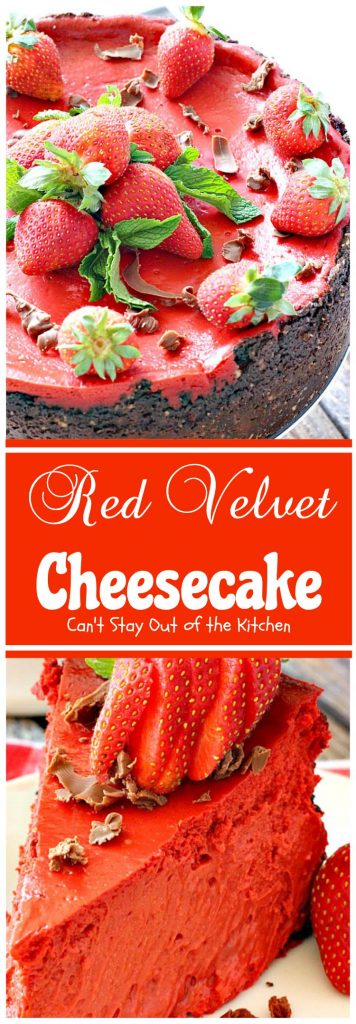 Red Velvet Cheesecake | Can't Stay Out of the Kitchen | this outrageous #dessert has an #Oreo, almond & chocolate chip crust and is filled with milk #chocolate & cream cheese for a velvety, creamy texture you'll love. Great for #Valentine'sDay.