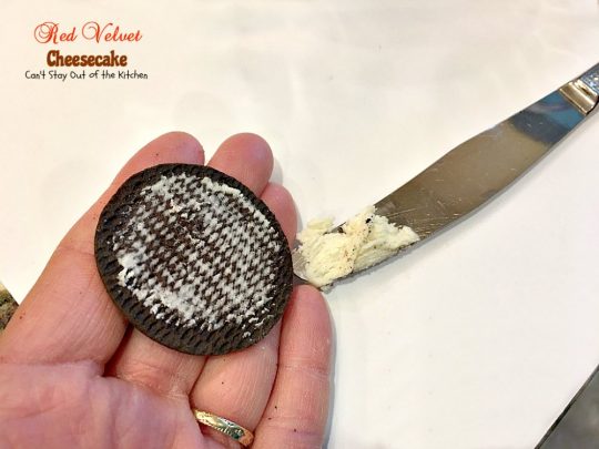 Red Velvet Cheesecake | Can't Stay Out of the Kitchen | this outrageous #dessert has an #Oreo, almond & chocolate chip crust and is filled with milk #chocolate & cream cheese for a velvety, creamy texture you'll love. Great for #Valentine'sDay.
