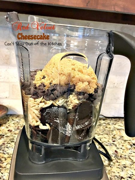 Red Velvet Cheesecake | Can't Stay Out of the Kitchen | this outrageous #dessert has an #Oreo, almond & chocolate chip crust and is filled with milk #chocolate & cream cheese for a velvety, creamy texture you'll love. Great for #Valentine'sDay.
