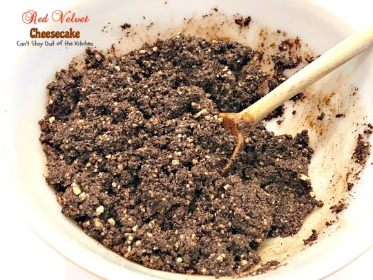 Red Velvet Cheesecake | Can't Stay Out of the Kitchen | this outrageous #dessert has an #Oreo, almond & chocolate chip crust and is filled with milk #chocolate & cream cheese for a velvety, creamy texture you'll love. Great for #Valentine'sDay.