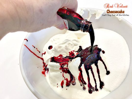 Red Velvet Cheesecake | Can't Stay Out of the Kitchen | this outrageous #dessert has an #Oreo, almond & chocolate chip crust and is filled with milk #chocolate & cream cheese for a velvety, creamy texture you'll love. Great for #Valentine'sDay.