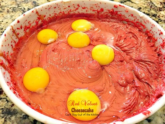 Red Velvet Cheesecake | Can't Stay Out of the Kitchen | this outrageous #dessert has an #Oreo, almond & chocolate chip crust and is filled with milk #chocolate & cream cheese for a velvety, creamy texture you'll love. Great for #Valentine'sDay.