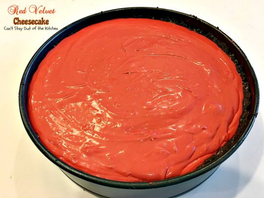 Red Velvet Cheesecake | Can't Stay Out of the Kitchen | this outrageous #dessert has an #Oreo, almond & chocolate chip crust and is filled with milk #chocolate & cream cheese for a velvety, creamy texture you'll love. Great for #Valentine'sDay.