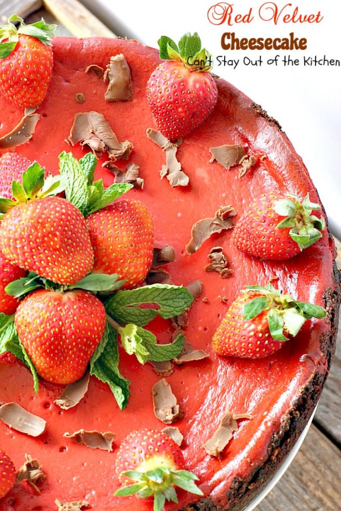 Red Velvet Cheesecake | Can't Stay Out of the Kitchen | this outrageous #dessert has an #Oreo, almond & chocolate chip crust and is filled with milk #chocolate & cream cheese for a velvety, creamy texture you'll love. Great for #Valentine'sDay.