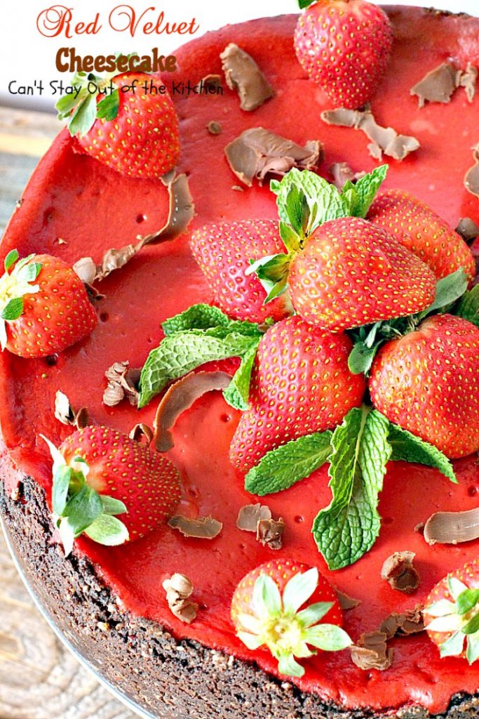 Red Velvet Cheesecake | Can't Stay Out of the Kitchen | this outrageous #dessert has an #Oreo, almond & chocolate chip crust and is filled with milk #chocolate & cream cheese for a velvety, creamy texture you'll love. Great for #Valentine'sDay.