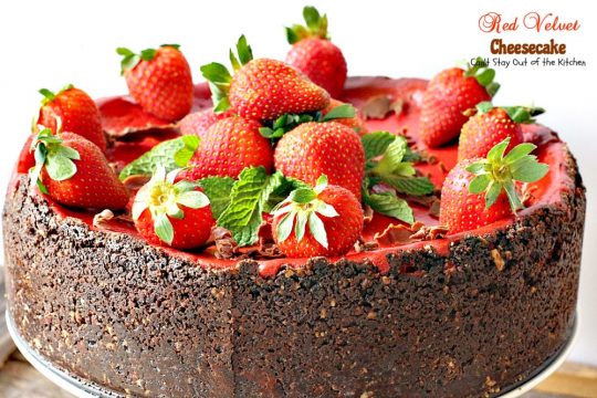 Red Velvet Cheesecake | Can't Stay Out of the Kitchen | this outrageous #dessert has an #Oreo, almond & chocolate chip crust and is filled with milk #chocolate & cream cheese for a velvety, creamy texture you'll love. Great for #Valentine'sDay.