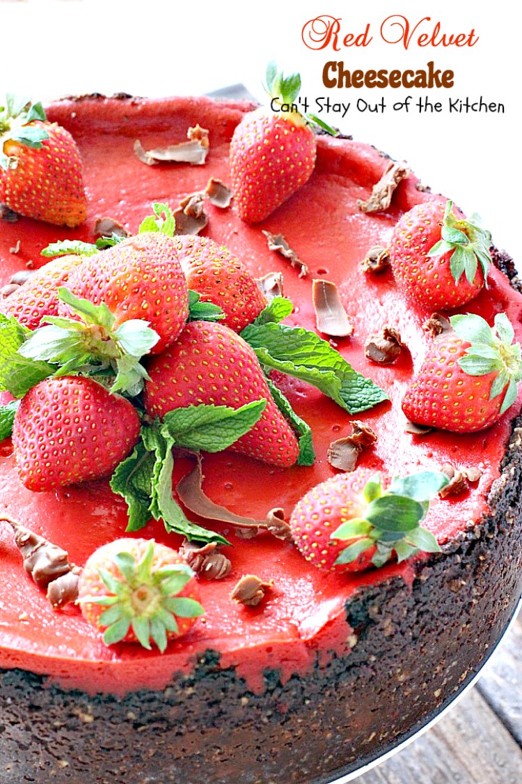 Red Velvet Cheesecake | Can't Stay Out of the Kitchen | this outrageous #dessert has an #Oreo, almond & chocolate chip crust and is filled with milk #chocolate & cream cheese for a velvety, creamy texture you'll love. Great for #Valentine'sDay.