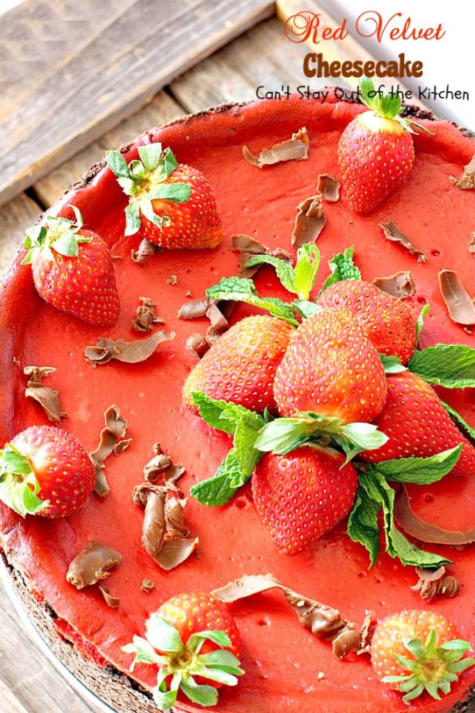 Red Velvet Cheesecake | Can't Stay Out of the Kitchen | this outrageous #dessert has an #Oreo, almond & chocolate chip crust and is filled with milk #chocolate & cream cheese for a velvety, creamy texture you'll love. Great for #Valentine'sDay.