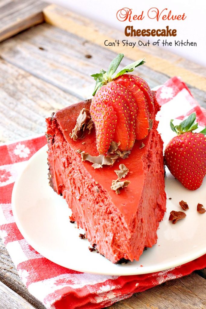 Red Velvet Cheesecake | Can't Stay Out of the Kitchen | this outrageous #dessert has an #Oreo, almond & chocolate chip crust and is filled with milk #chocolate & cream cheese for a velvety, creamy texture you'll love. Great for #Valentine'sDay.