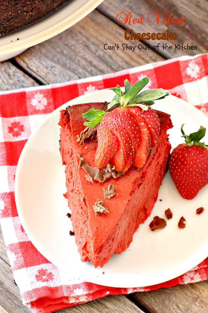 Red Velvet Cheesecake | Can't Stay Out of the Kitchen | this outrageous #dessert has an #Oreo, almond & chocolate chip crust and is filled with milk #chocolate & cream cheese for a velvety, creamy texture you'll love. Great for #Valentine'sDay.