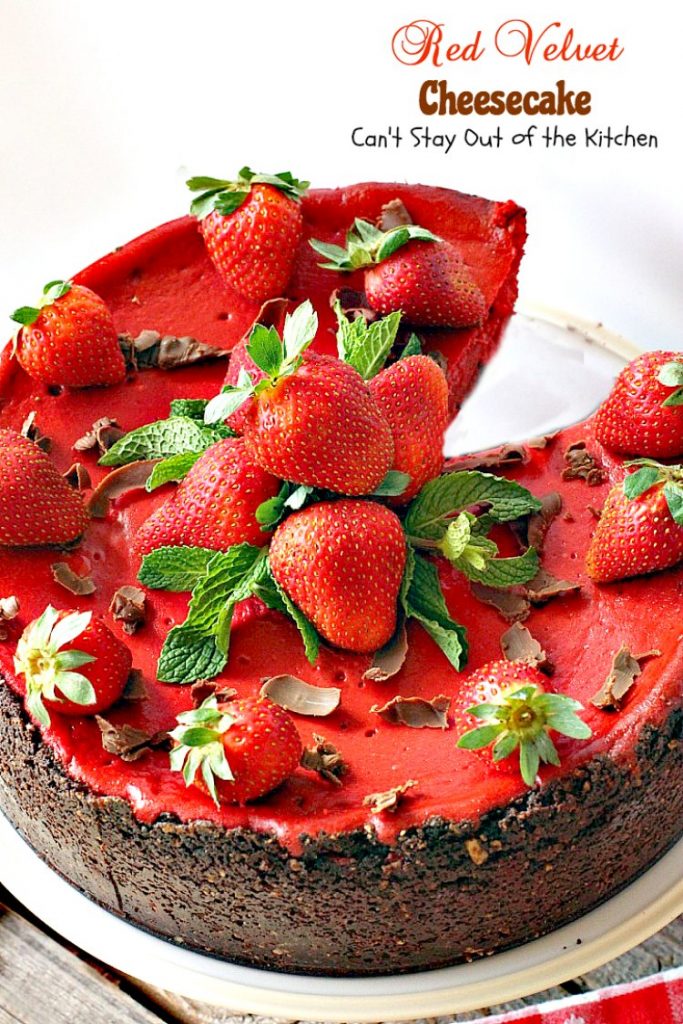 Red Velvet Cheesecake | Can't Stay Out of the Kitchen | this outrageous #dessert has an #Oreo, almond & chocolate chip crust and is filled with milk #chocolate & cream cheese for a velvety, creamy texture you'll love. Great for #Valentine'sDay.