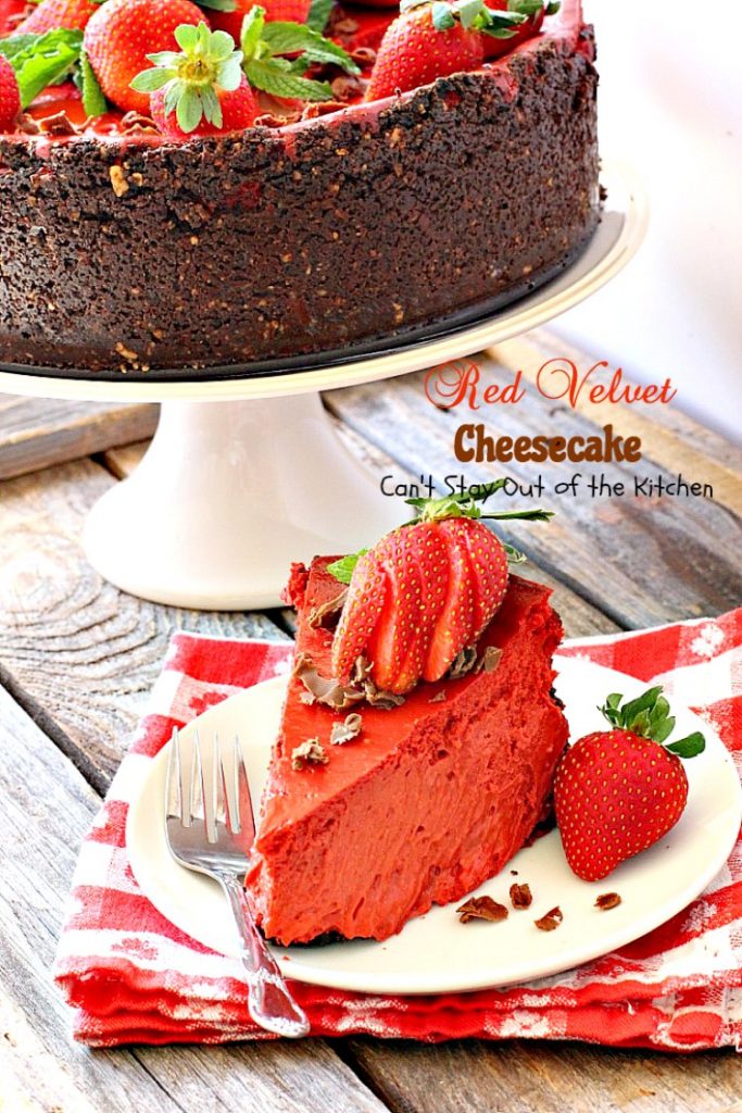 Red Velvet Cheesecake | Can't Stay Out of the Kitchen | this outrageous #dessert has an #Oreo, almond & chocolate chip crust and is filled with milk #chocolate & cream cheese for a velvety, creamy texture you'll love. Great for #Valentine'sDay.