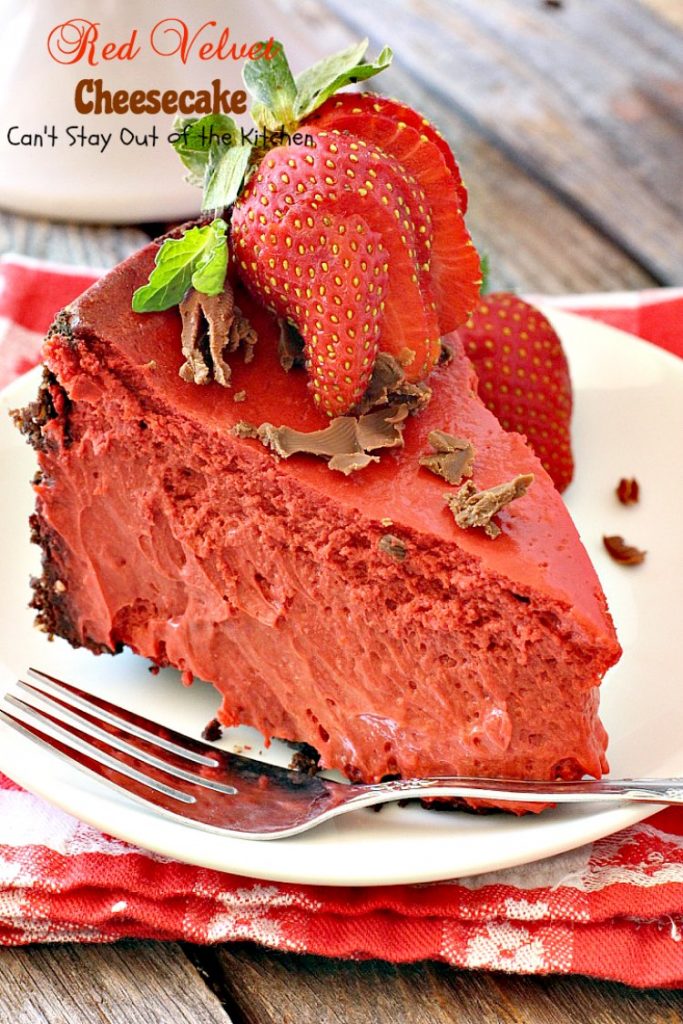Red Velvet Cheesecake | Can't Stay Out of the Kitchen | this outrageous #dessert has an #Oreo, almond & chocolate chip crust and is filled with milk #chocolate & cream cheese for a velvety, creamy texture you'll love. Great for #Valentine'sDay.