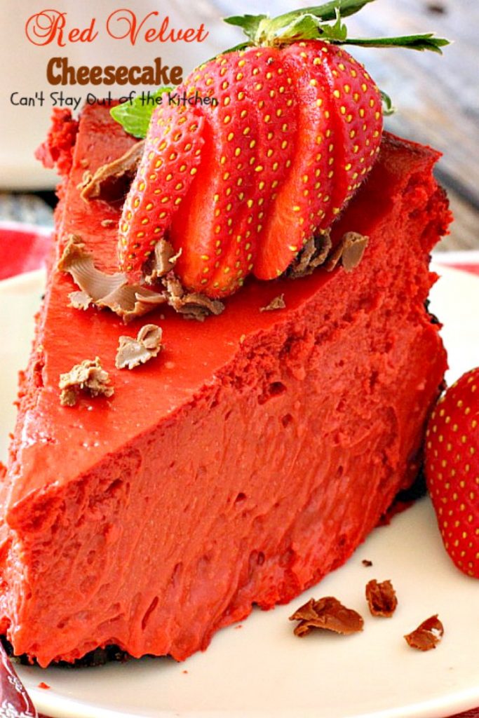 Red Velvet Cheesecake | Can't Stay Out of the Kitchen | this outrageous #dessert has an #Oreo, almond & chocolate chip crust and is filled with milk #chocolate & cream cheese for a velvety, creamy texture you'll love. Great for #Valentine'sDay.