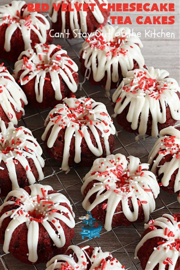 Red Velvet Cheesecake Tea Cakes | Can't Stay Out of the Kitchen | These delectable #TeaCakes start with a #RedVelvet cake mix that includes #Cheesecake pudding. They're glazed with #CreamCheese icing. Festive, elegant, beautiful #dessert for the #holidays, #Christmas or #ValentinesDay. #cake #chocolate #HolidayDessert #RedVelvetDessert #RedVelvetCheesecakeTeaCakesRed Velvet Cheesecake Tea Cakes | Can't Stay Out of the Kitchen | These delectable #TeaCakes start with a #RedVelvet cake mix that includes #Cheesecake pudding. They're glazed with #CreamCheese icing. Festive, elegant, beautiful #dessert for the #holidays, #Christmas or #ValentinesDay. #cake #chocolate #HolidayDessert #RedVelvetDessert #RedVelvetCheesecakeTeaCakes