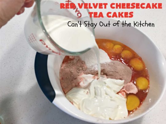 Red Velvet Cheesecake Tea Cakes | Can't Stay Out of the Kitchen | These delectable #TeaCakes start with a #RedVelvet cake mix that includes #Cheesecake pudding. They're glazed with #CreamCheese icing. Festive, elegant, beautiful #dessert for the #holidays, #Christmas or #ValentinesDay. #cake #chocolate #HolidayDessert #RedVelvetDessert #RedVelvetCheesecakeTeaCakes