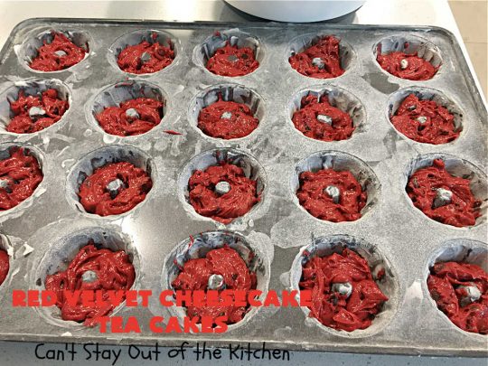 Red Velvet Cheesecake Tea Cakes | Can't Stay Out of the Kitchen | These delectable #TeaCakes start with a #RedVelvet cake mix that includes #Cheesecake pudding. They're glazed with #CreamCheese icing. Festive, elegant, beautiful #dessert for the #holidays, #Christmas or #ValentinesDay. #cake #chocolate #HolidayDessert #RedVelvetDessert #RedVelvetCheesecakeTeaCakes