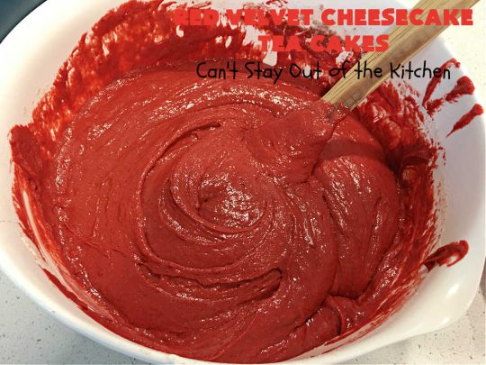Red Velvet Cheesecake Tea Cakes | Can't Stay Out of the Kitchen | These delectable #TeaCakes start with a #RedVelvet cake mix that includes #Cheesecake pudding. They're glazed with #CreamCheese icing. Festive, elegant, beautiful #dessert for the #holidays, #Christmas or #ValentinesDay. #cake #chocolate #HolidayDessert #RedVelvetDessert #RedVelvetCheesecakeTeaCakes