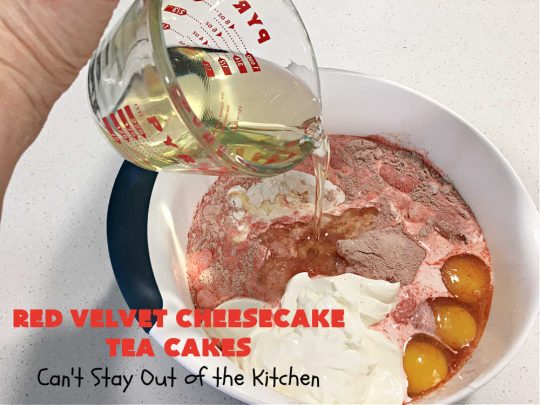 Red Velvet Cheesecake Tea Cakes | Can't Stay Out of the Kitchen | These delectable #TeaCakes start with a #RedVelvet cake mix that includes #Cheesecake pudding. They're glazed with #CreamCheese icing. Festive, elegant, beautiful #dessert for the #holidays, #Christmas or #ValentinesDay. #cake #chocolate #HolidayDessert #RedVelvetDessert #RedVelvetCheesecakeTeaCakes