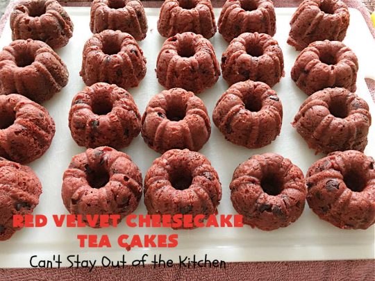 Red Velvet Cheesecake Tea Cakes | Can't Stay Out of the Kitchen | These delectable #TeaCakes start with a #RedVelvet cake mix that includes #Cheesecake pudding. They're glazed with #CreamCheese icing. Festive, elegant, beautiful #dessert for the #holidays, #Christmas or #ValentinesDay. #cake #chocolate #HolidayDessert #RedVelvetDessert #RedVelvetCheesecakeTeaCakes