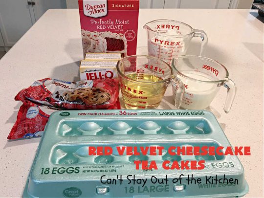 Red Velvet Cheesecake Tea Cakes | Can't Stay Out of the Kitchen | These delectable #TeaCakes start with a #RedVelvet cake mix that includes #Cheesecake pudding. They're glazed with #CreamCheese icing. Festive, elegant, beautiful #dessert for the #holidays, #Christmas or #ValentinesDay. #cake #chocolate #HolidayDessert #RedVelvetDessert #RedVelvetCheesecakeTeaCakes