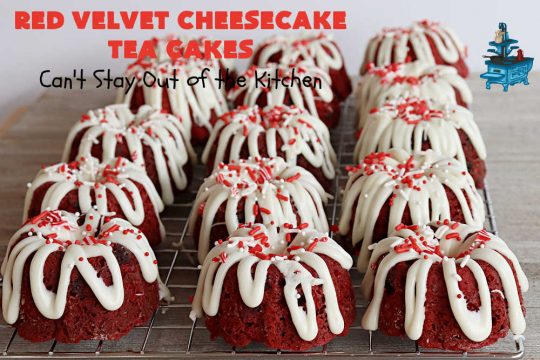 Red Velvet Cheesecake Tea Cakes | Can't Stay Out of the Kitchen | These delectable #TeaCakes start with a #RedVelvet cake mix that includes #Cheesecake pudding. They're glazed with #CreamCheese icing. Festive, elegant, beautiful #dessert for the #holidays, #Christmas or #ValentinesDay. #cake #chocolate #HolidayDessert #RedVelvetDessert #RedVelvetCheesecakeTeaCakes